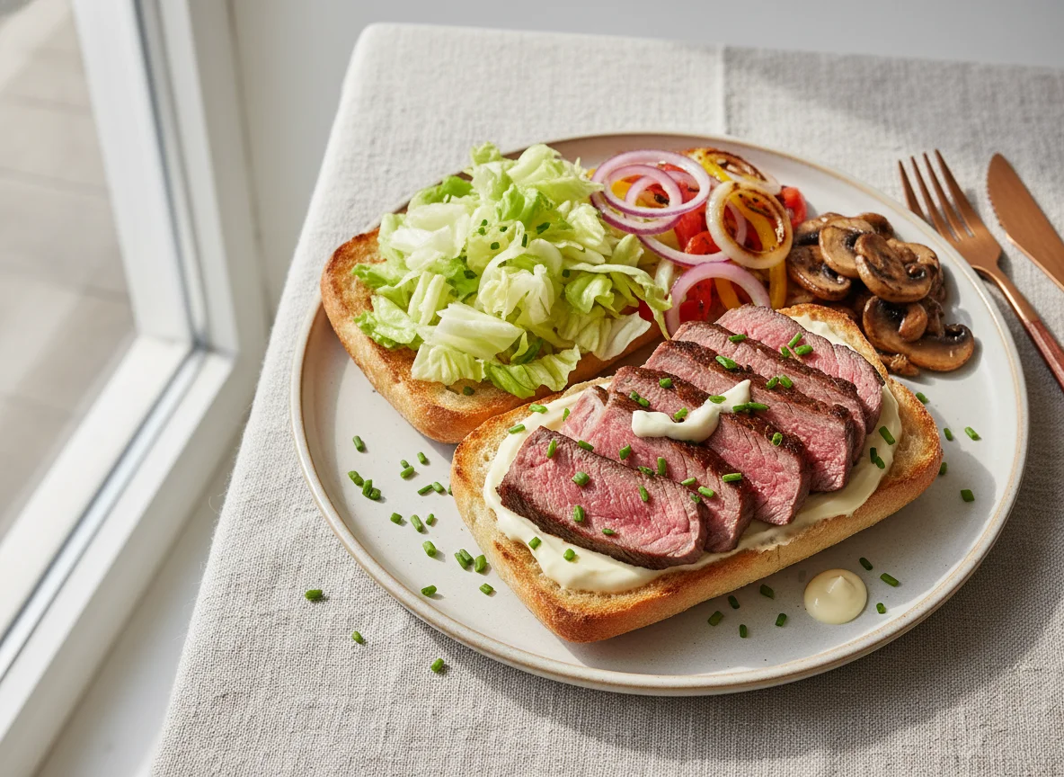 Steak-Sandwich mit Salat und Gemüse photo