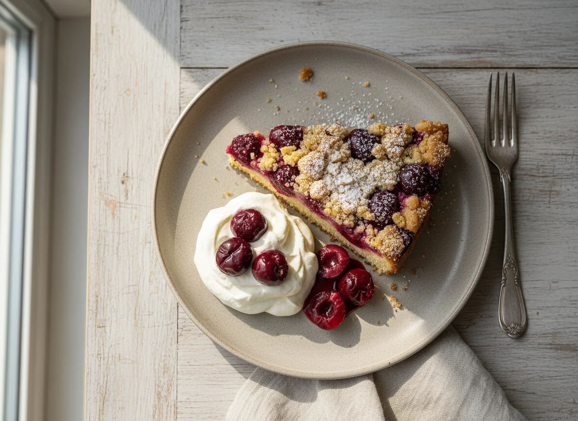 Streuselkuchen mit Sahne und Kirschen photo