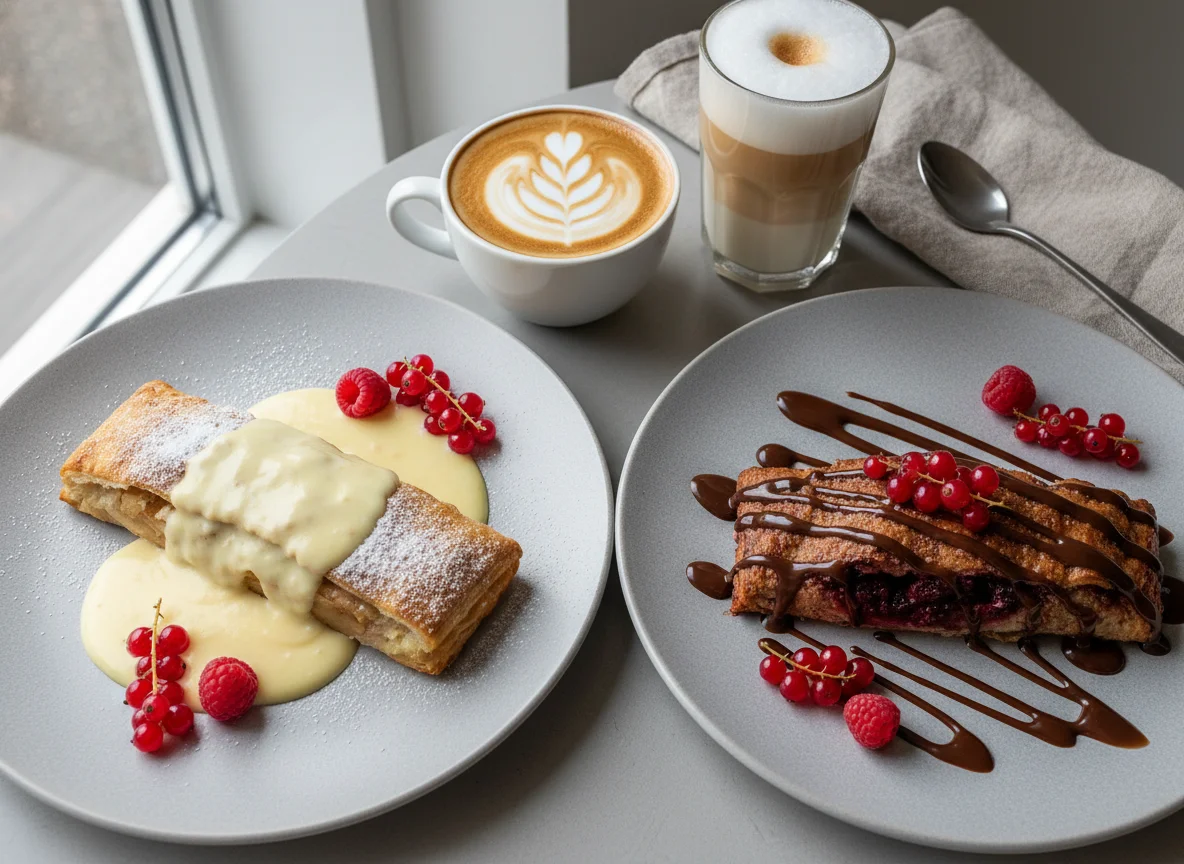 Strudel mit Vanillesauce und Kaffee photo