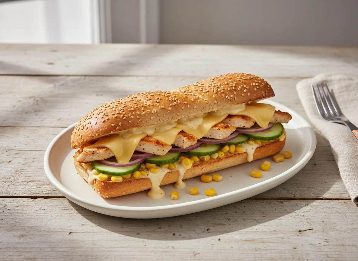 Subway Sandwich mit Hähnchen, Käse und Gemüse photo