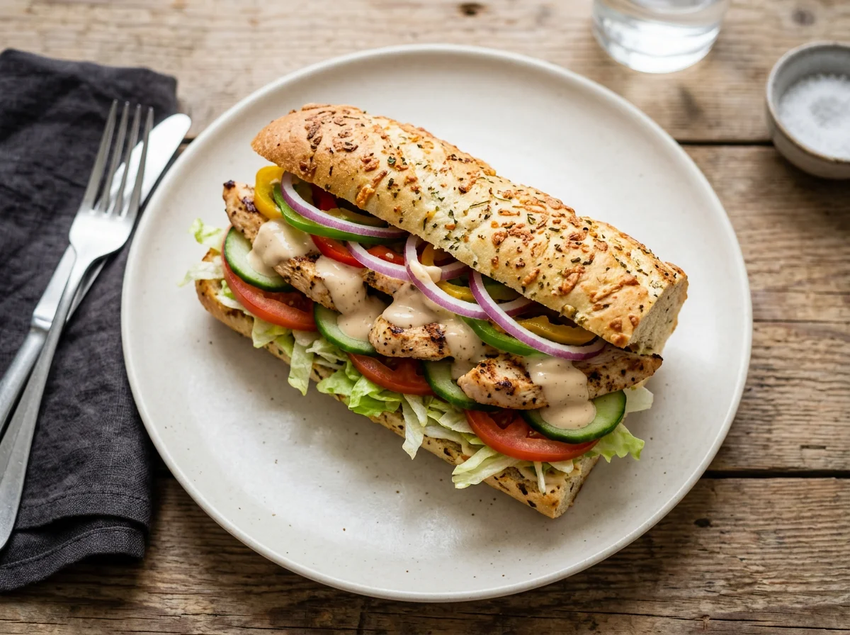 Subway Sandwich mit Hähnchen und Gemüse photo