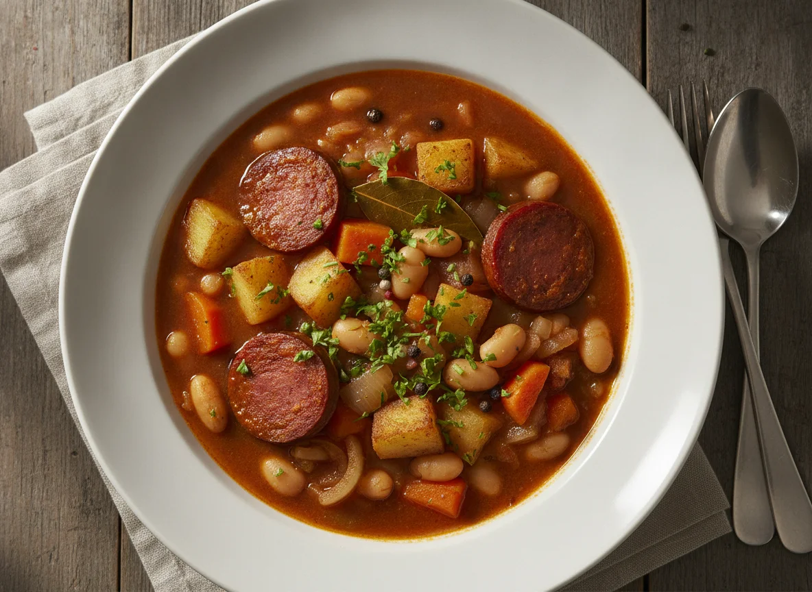 Sucuk-Bohnen-Eintopf mit Karotten und Kartoffeln photo
