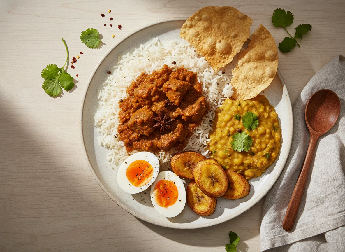 Südasiatisches Reisgericht mit Curry und Beilagen photo