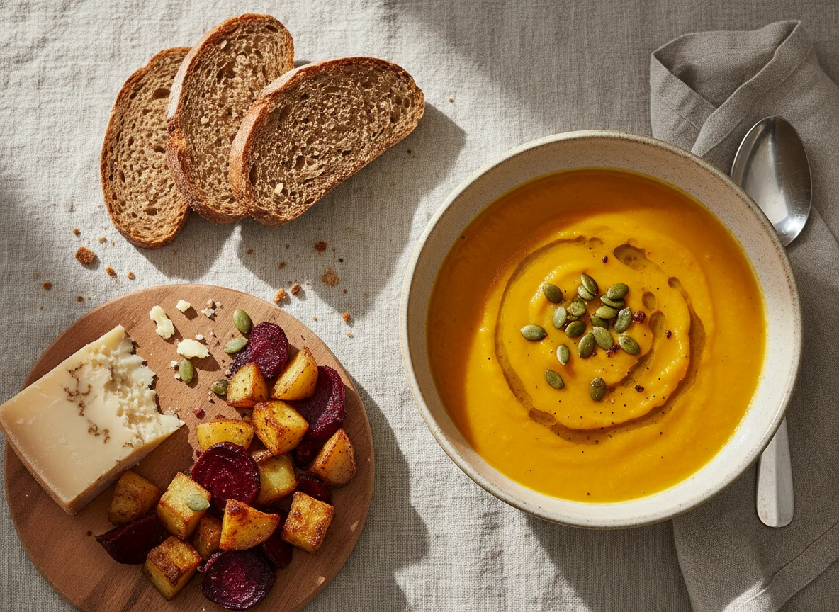 Suppe mit Brot und Käse photo