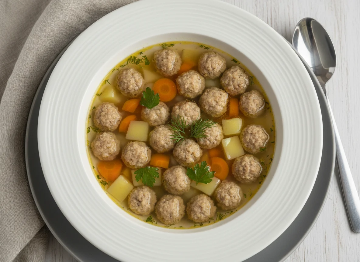 Suppe mit Fleischbällchen, Nudeln und Gemüse photo