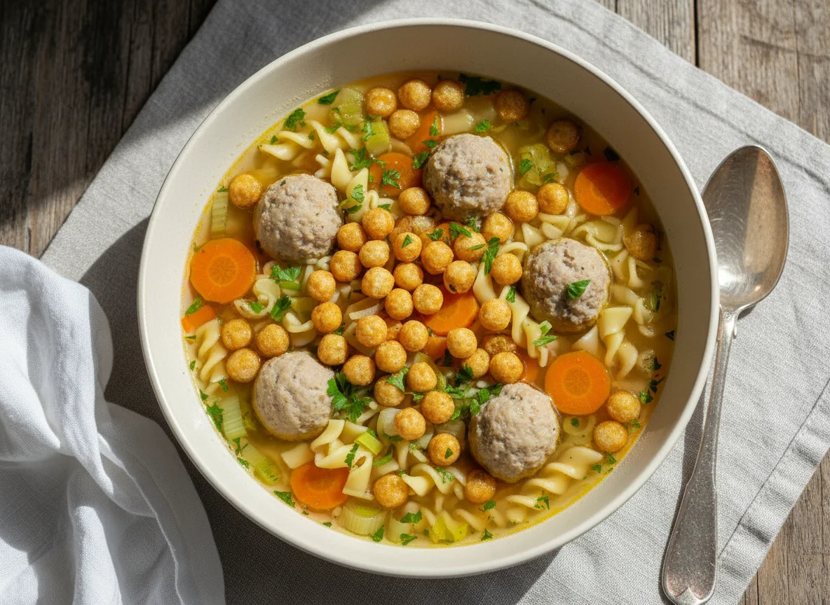 Suppe mit Fleischklößchen, Nudeln und Backerbsen photo