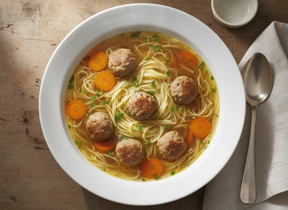 Suppe mit Fleischklößchen und Nudeln photo