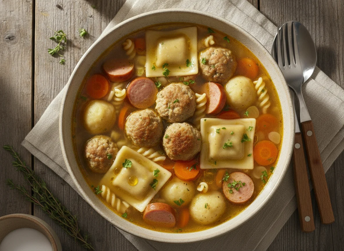 Suppe mit Fleischklößchen, Würstchen und Nudeln photo