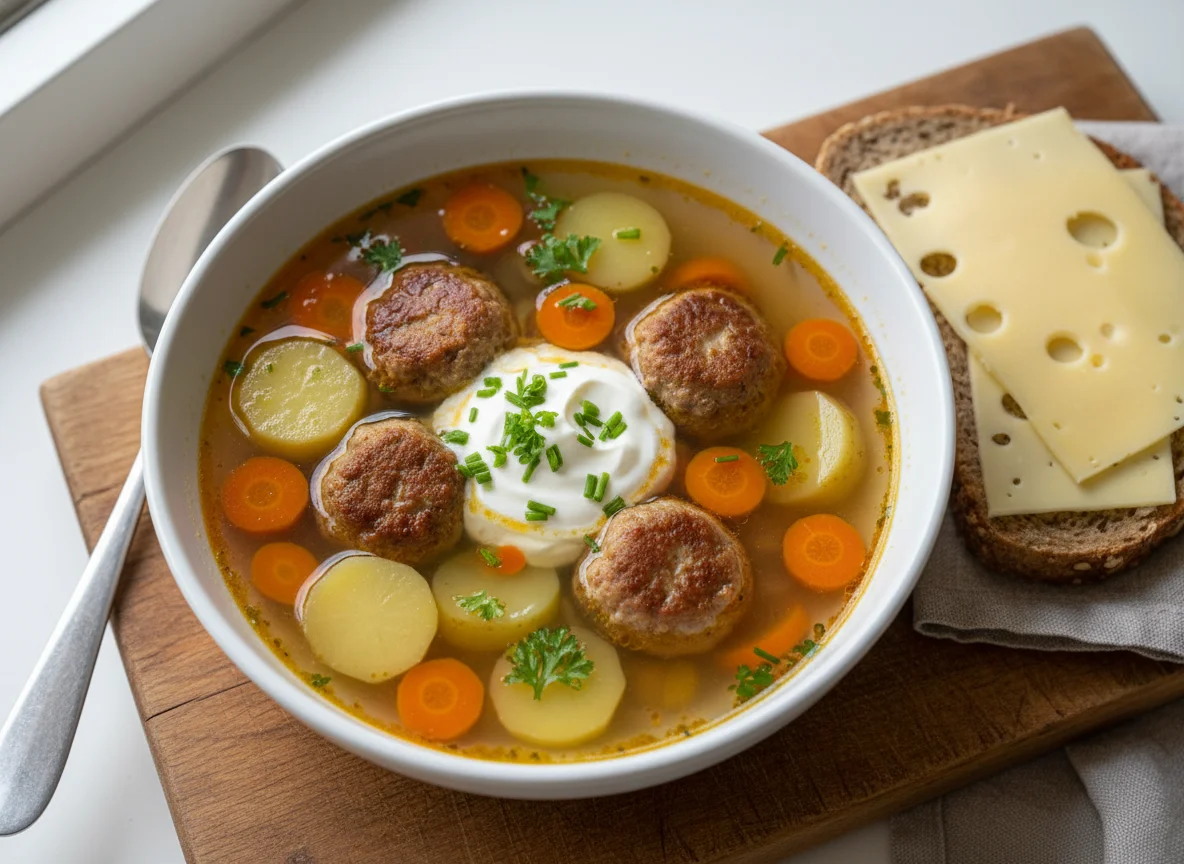 Suppe mit Frikadellen und Käsebrot photo