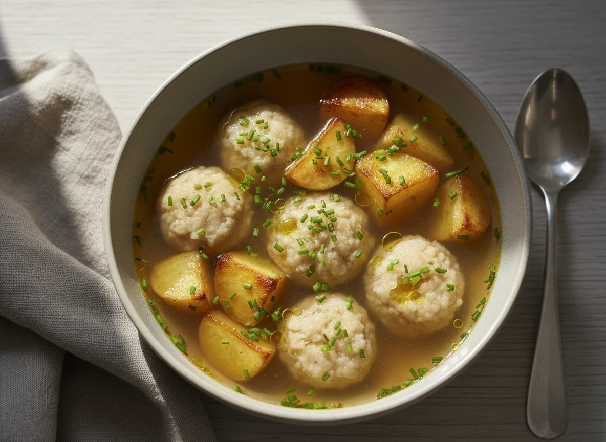 Suppe mit Klößen und Kartoffeln photo