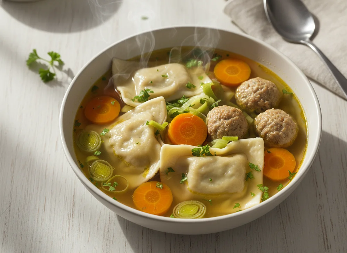 Suppe mit Maultaschen, Klößen und Gemüse photo