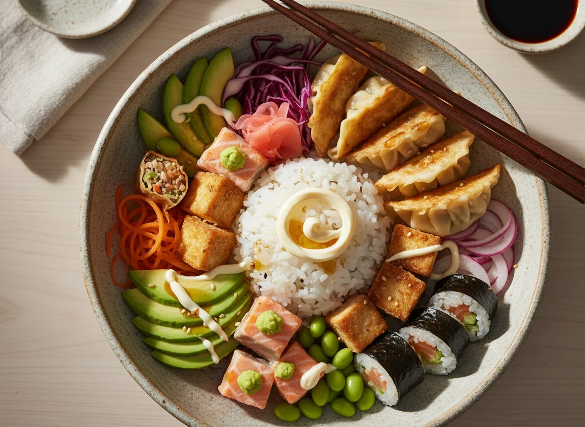Sushi Bowl mit Lachs, Tofu und Gyoza photo
