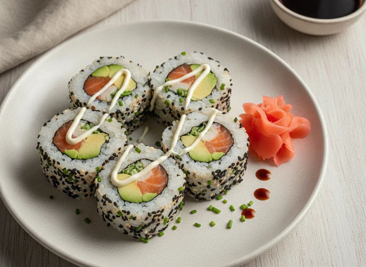 Sushi Inside-Out Roll mit Lachs und Avocado photo