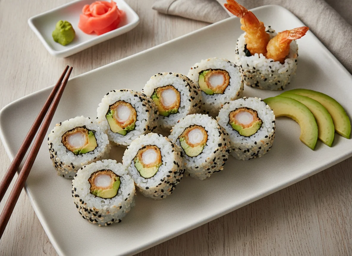 Sushi Inside-Out Roll mit Tempura-Garnele und Avocado photo
