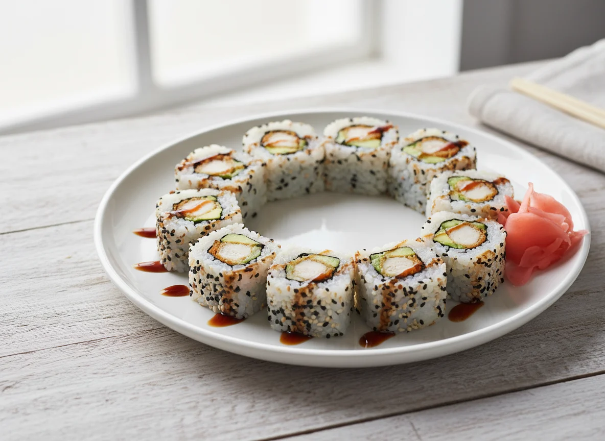 Sushi Inside-Out Rolls mit Hähnchen und Avocado photo