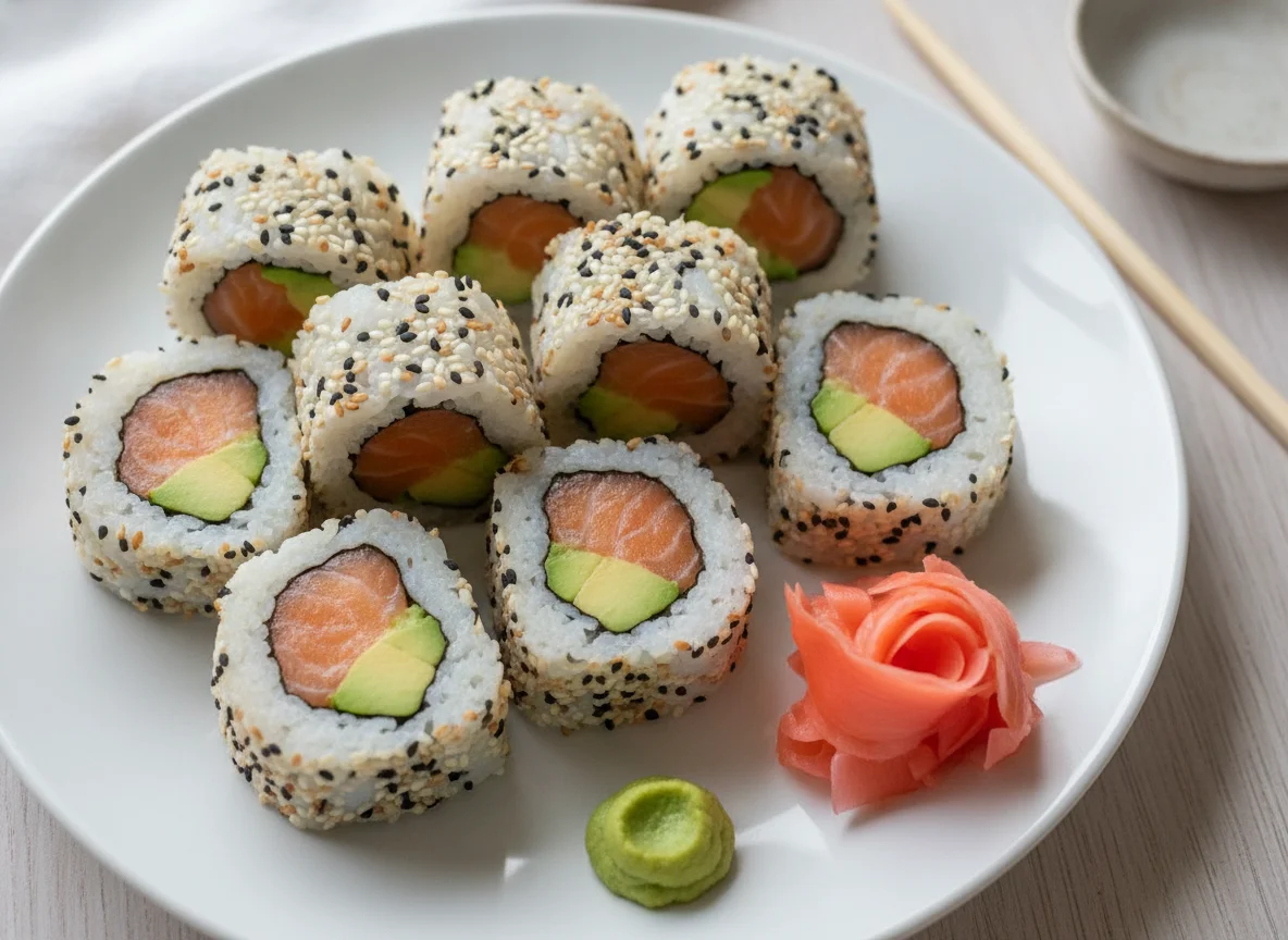Sushi Inside-Out Rolls mit Lachs und Avocado photo