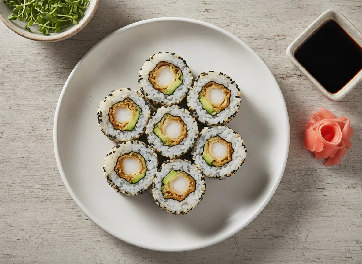 Sushi Inside-Out Rolls mit Tempura-Garnele und Avocado photo