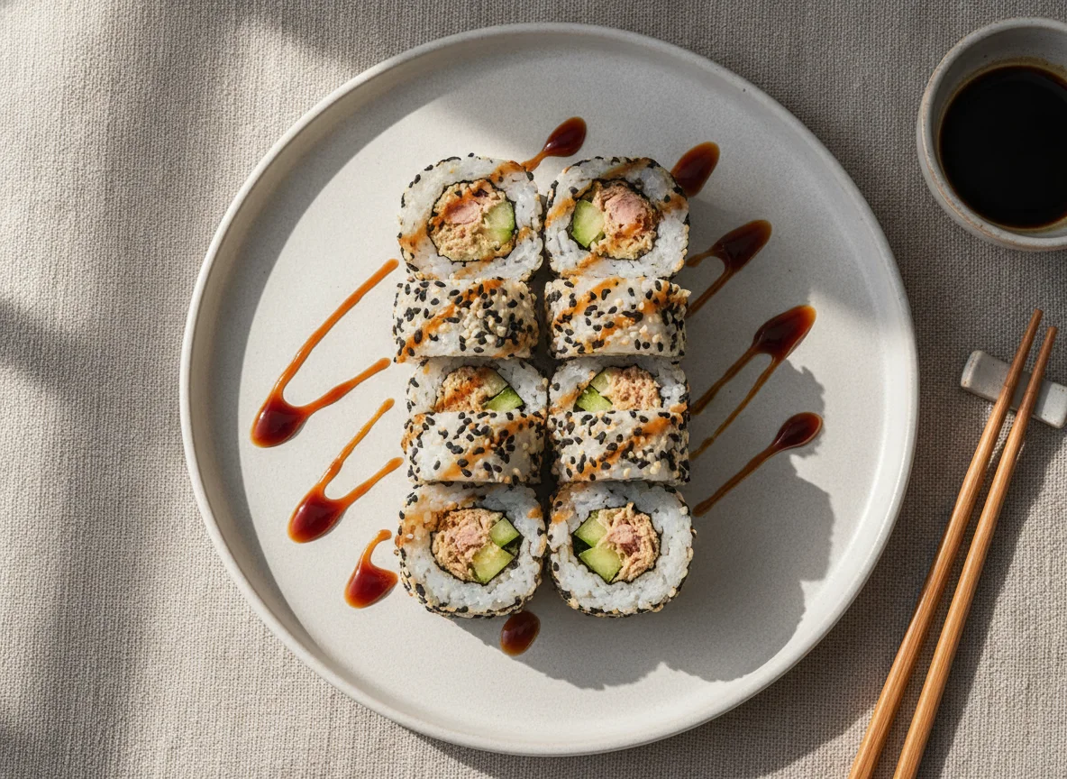 Sushi Inside-Out Rolls mit Thunfisch und Gurke photo