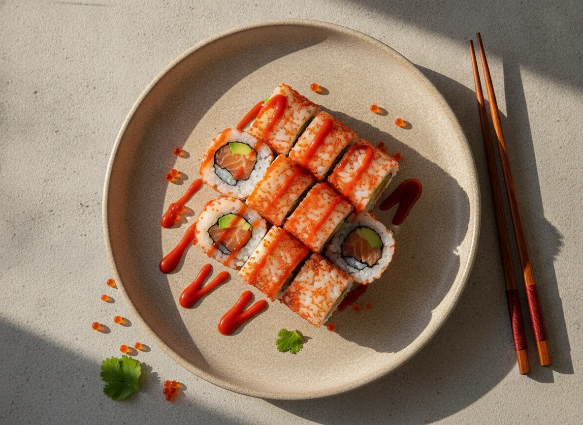 Sushi Inside-Out Rolls mit würziger Sauce photo