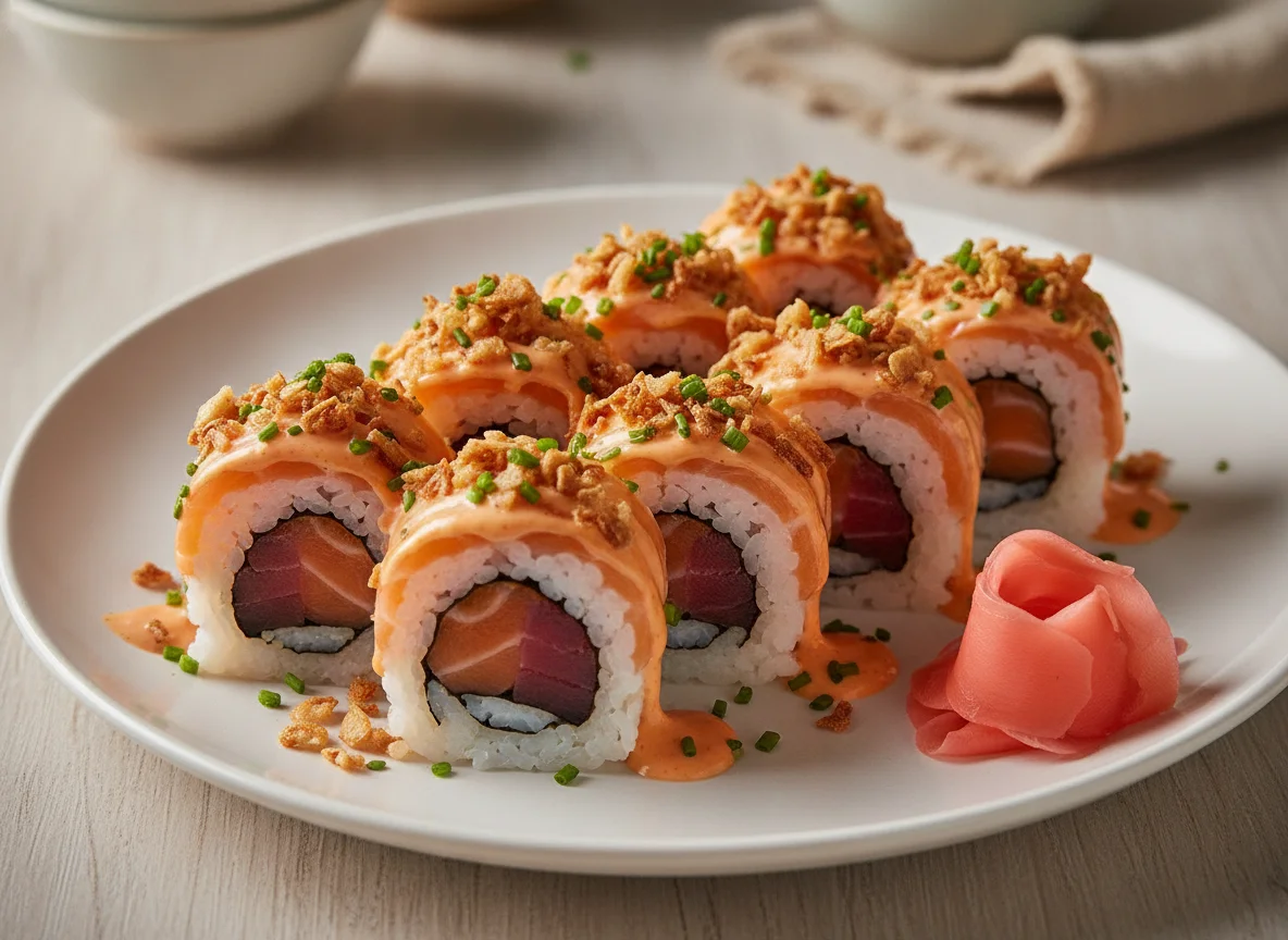 Sushi Inside-Out Rolls mit würziger Sauce und Röstzwiebeln photo