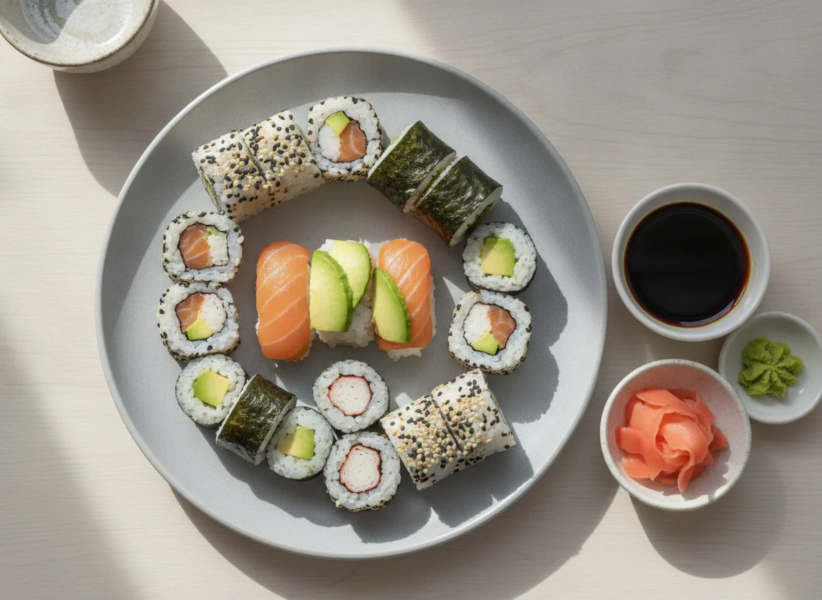 Sushi Mix mit Sojasauce und Ingwer photo