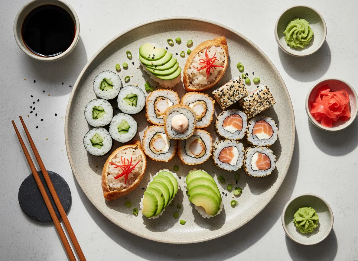 Sushi Platte mit Tempura Rolls, Maki und Nigiri photo