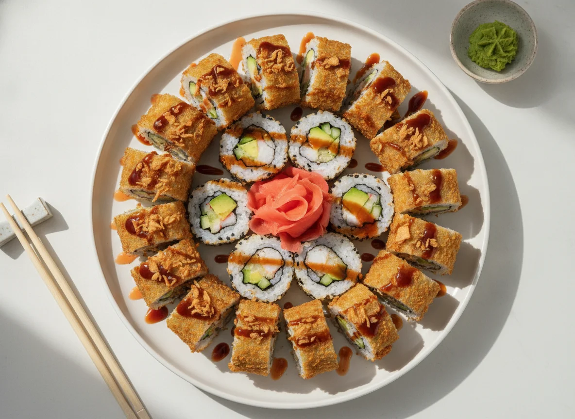 Sushi Platte mit Tempura Rolls und Inside-Out Rolls photo