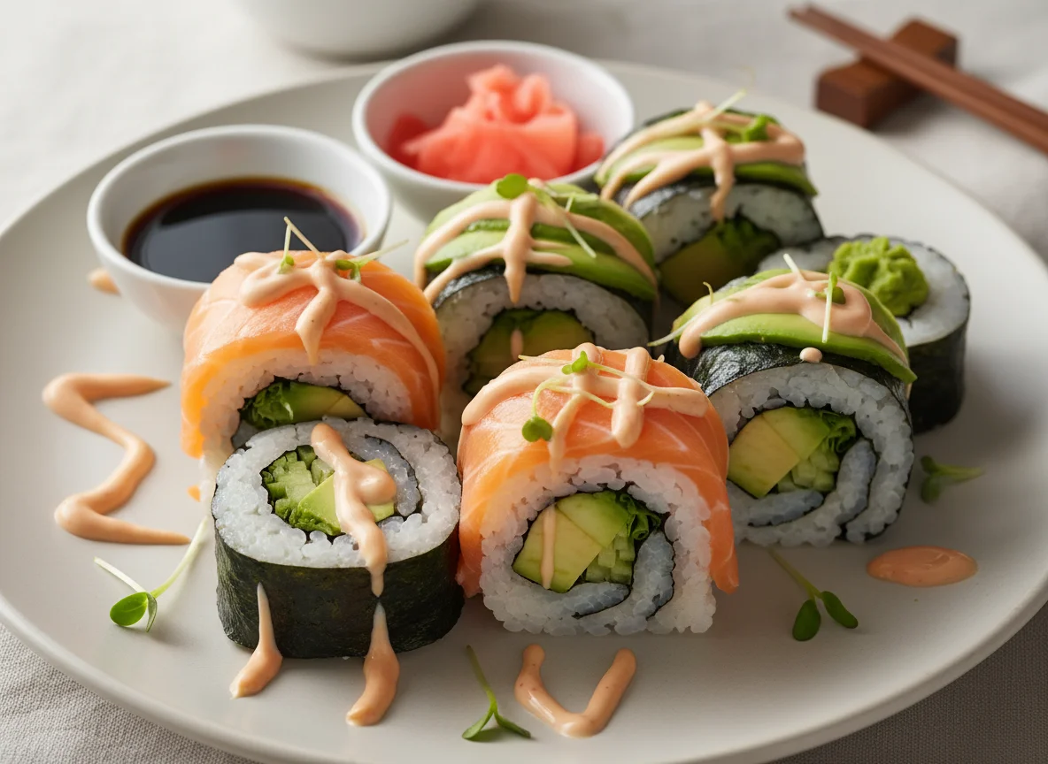 Sushi Rollen mit Avocado und Sauce photo