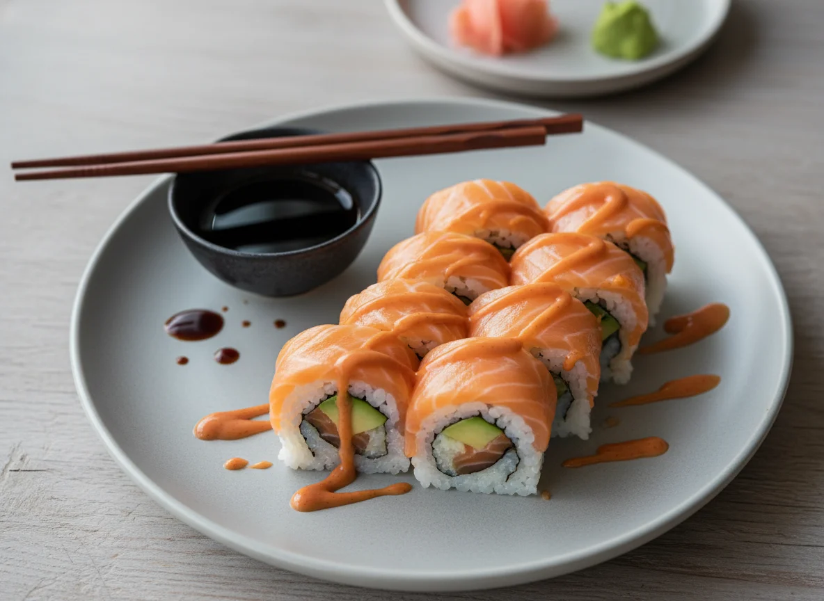 Sushi Rollen mit würziger Sauce und Sojasauce photo