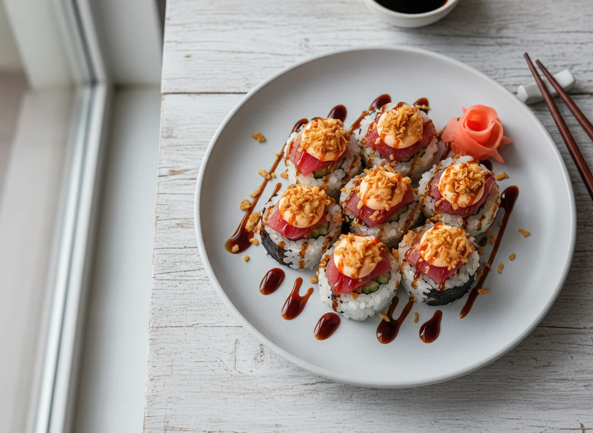 Sushi Rolls mit knusprigen Zwiebeln und Saucen photo