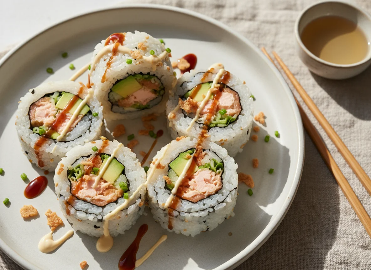 Sushi Rolls mit Lachs, Avocado und Röstzwiebeln photo