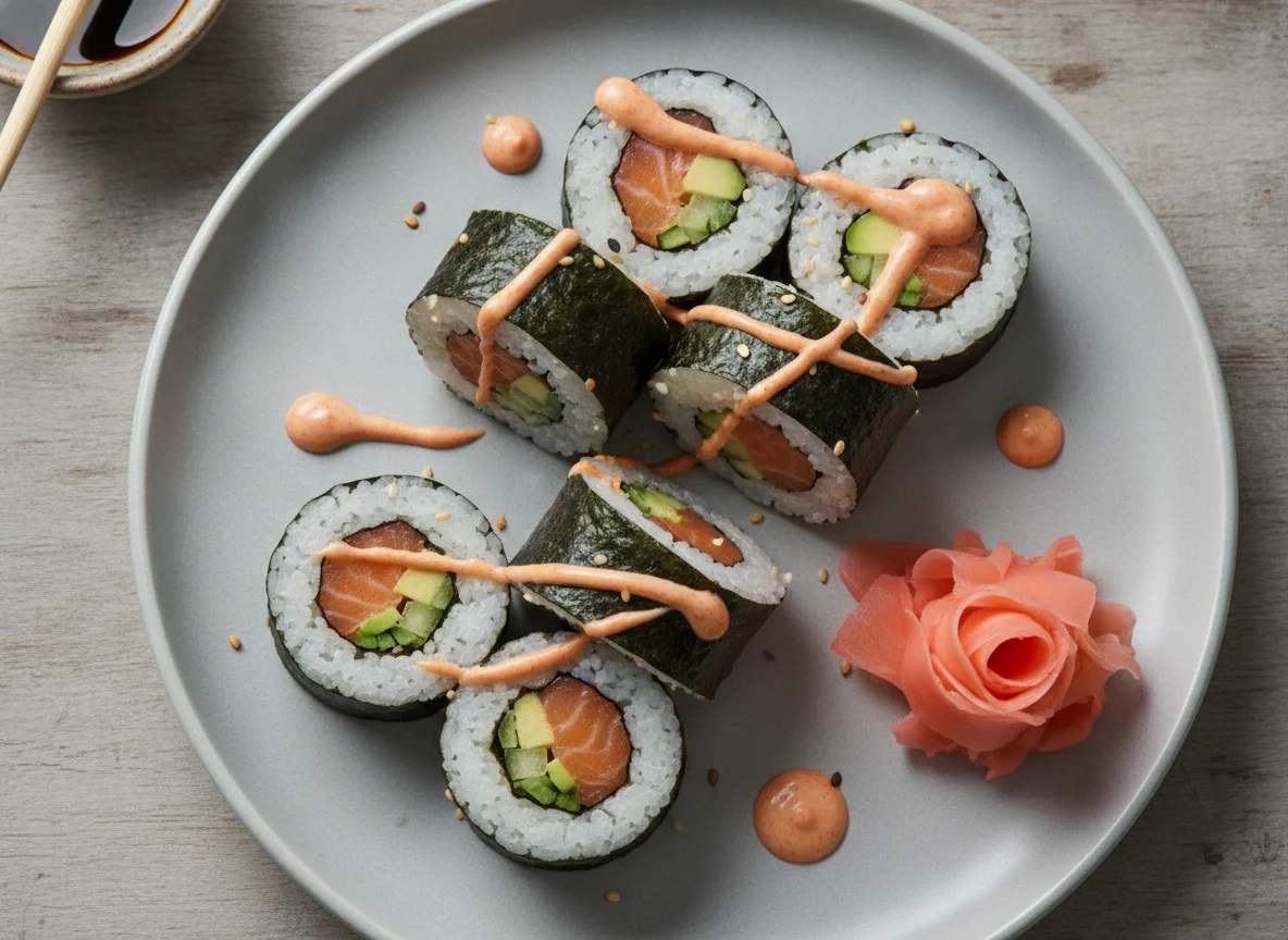 Sushi Rolls mit scharfer Sauce und eingelegtem Ingwer photo