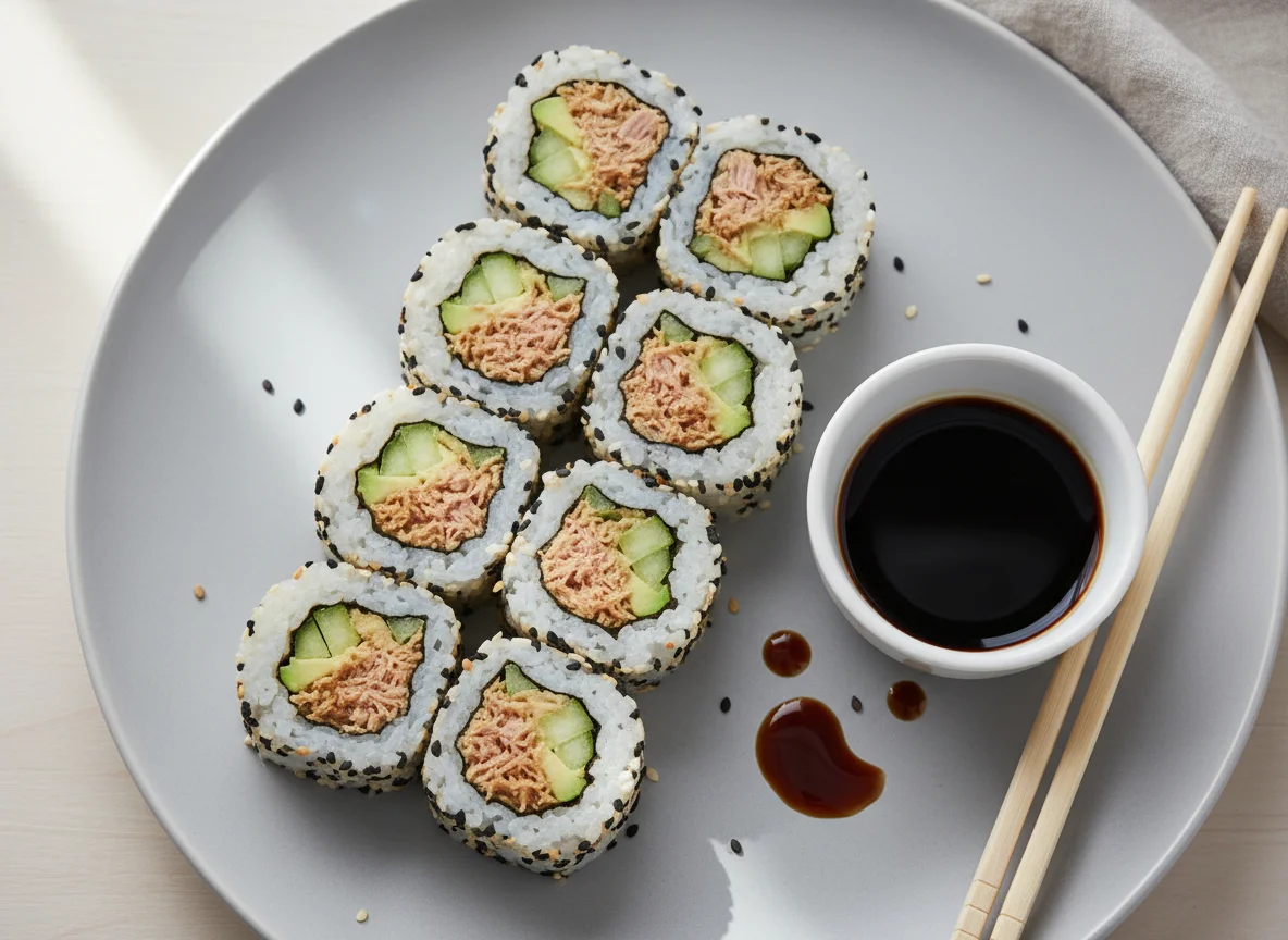 Sushi Rolls mit Thunfisch und Avocado/Gurke photo