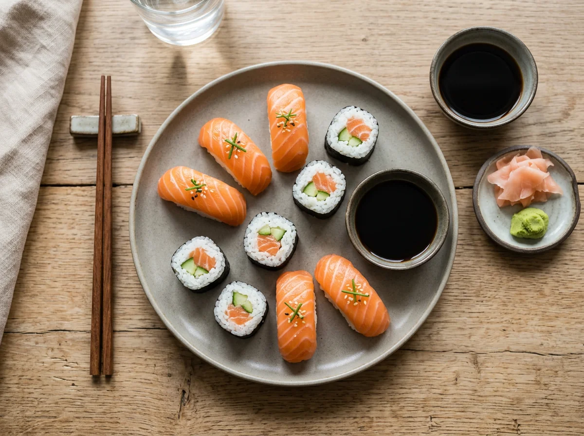 Sushi Set mit Lachs und Sojasauce photo