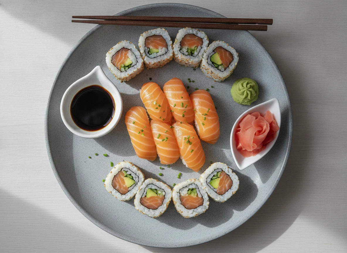 Sushi Teller mit Lachs Nigiri und Maki photo