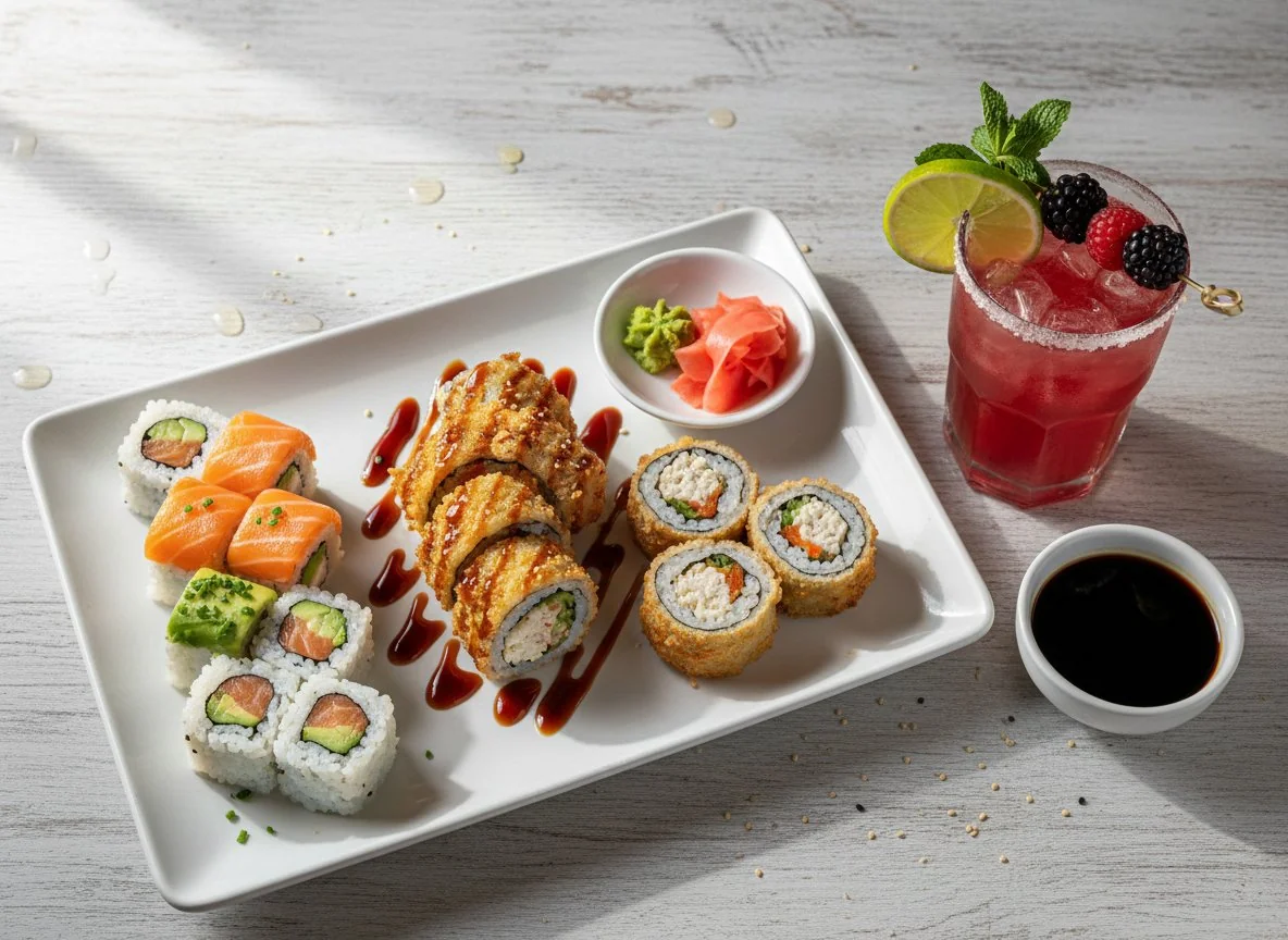 Sushi und frittierte Sushi-Rollen mit Cocktail photo