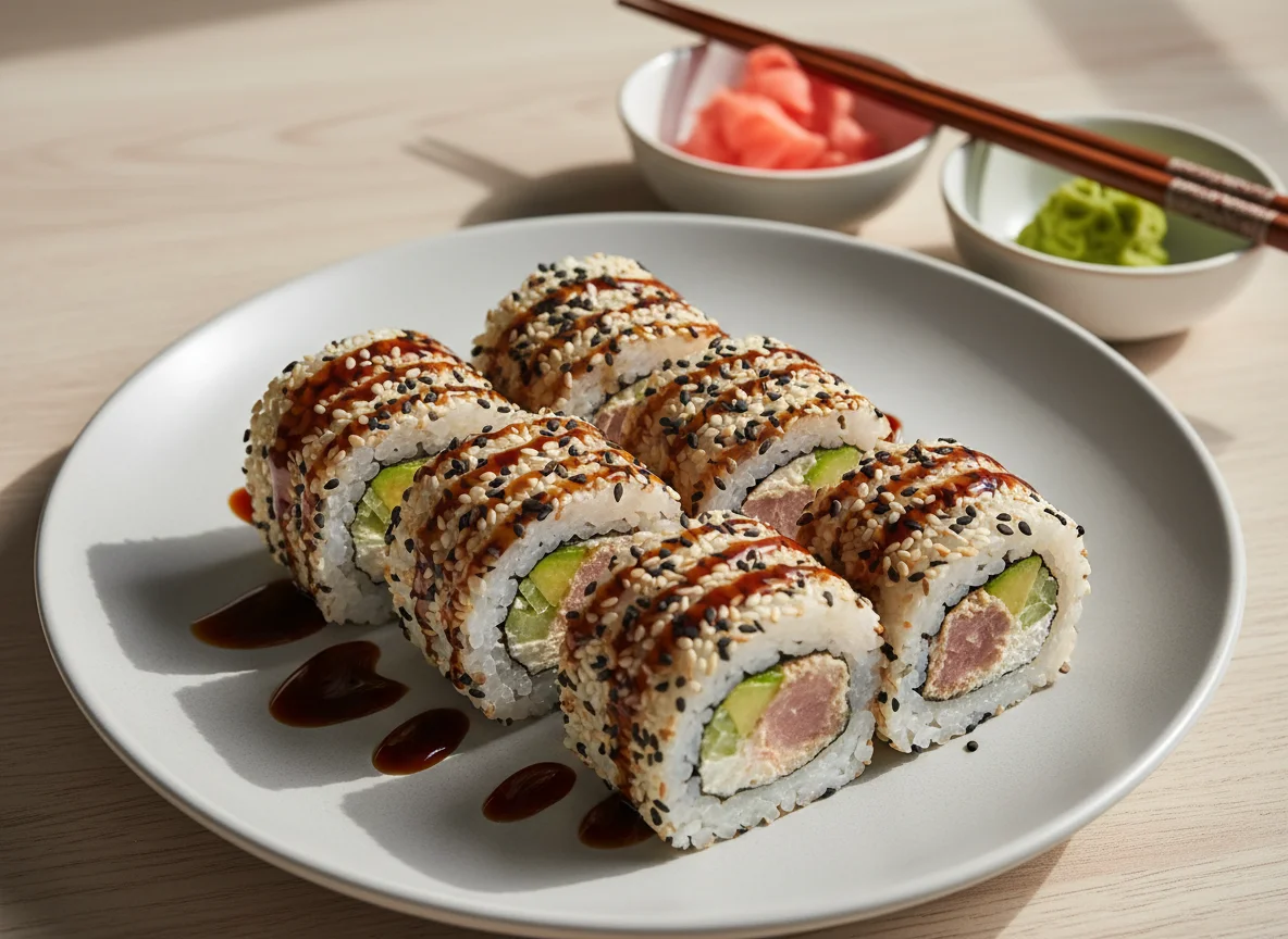 Sushi Uramaki mit Sesam und Teriyaki-Sauce photo