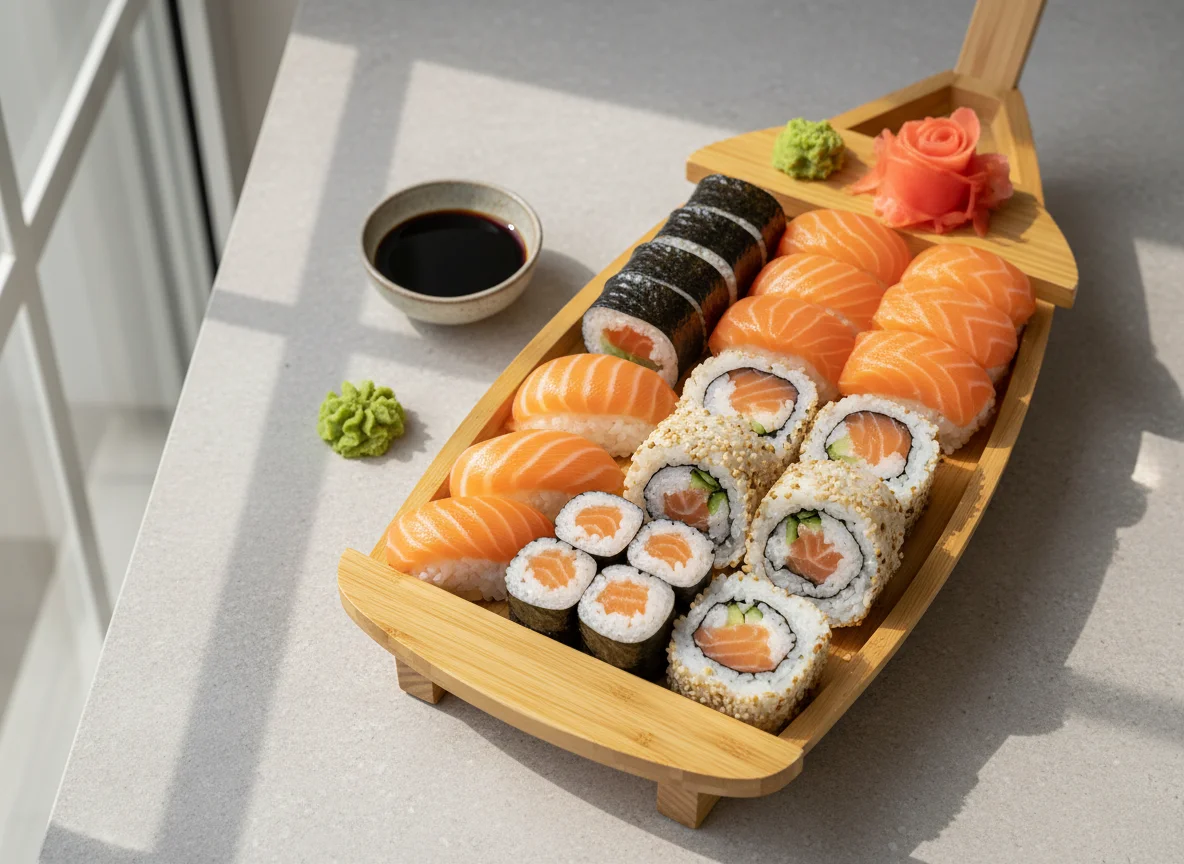 Sushi-Boot mit Lachs-Variationen photo