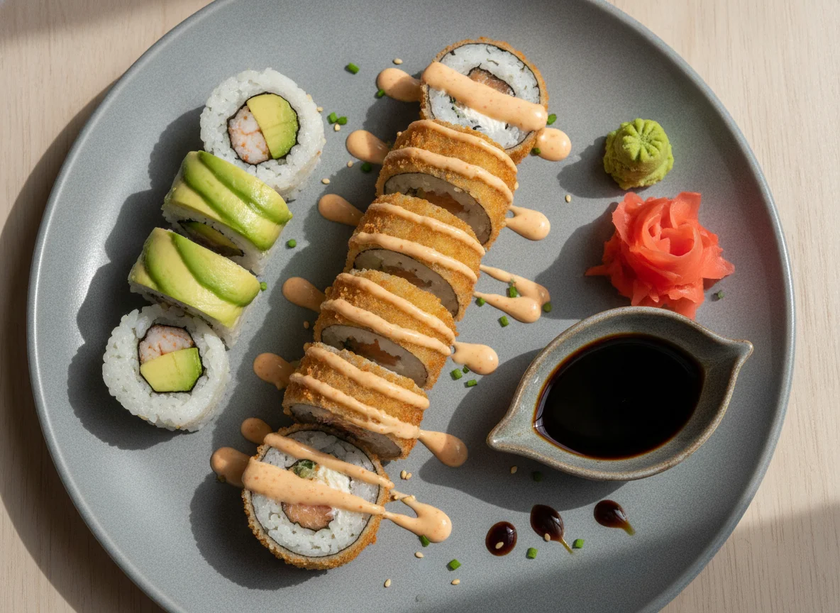 Sushi-Mix mit Avocado Maki und frittierten Rolls photo