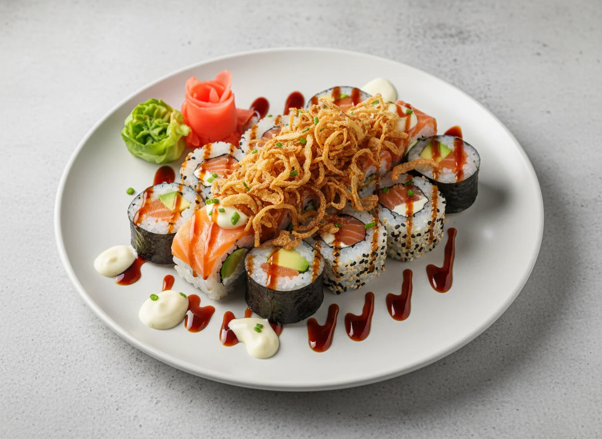 Sushi-Mix mit frittierten Zwiebeln und Sauce photo