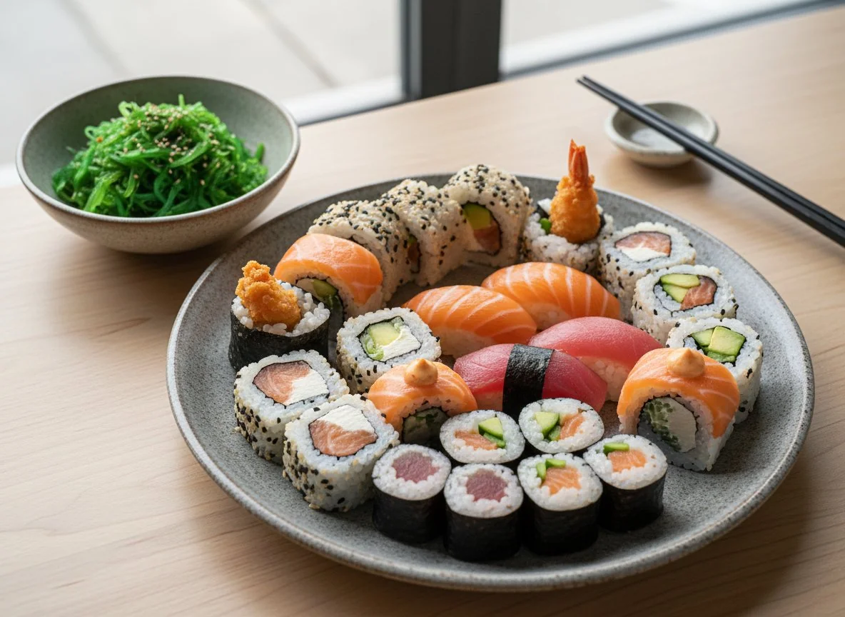 Sushi-Platte mit Algensalat photo