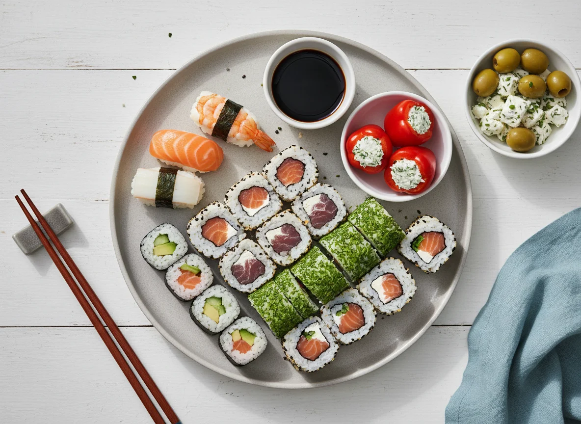 Sushi-Platte mit Beilagen photo
