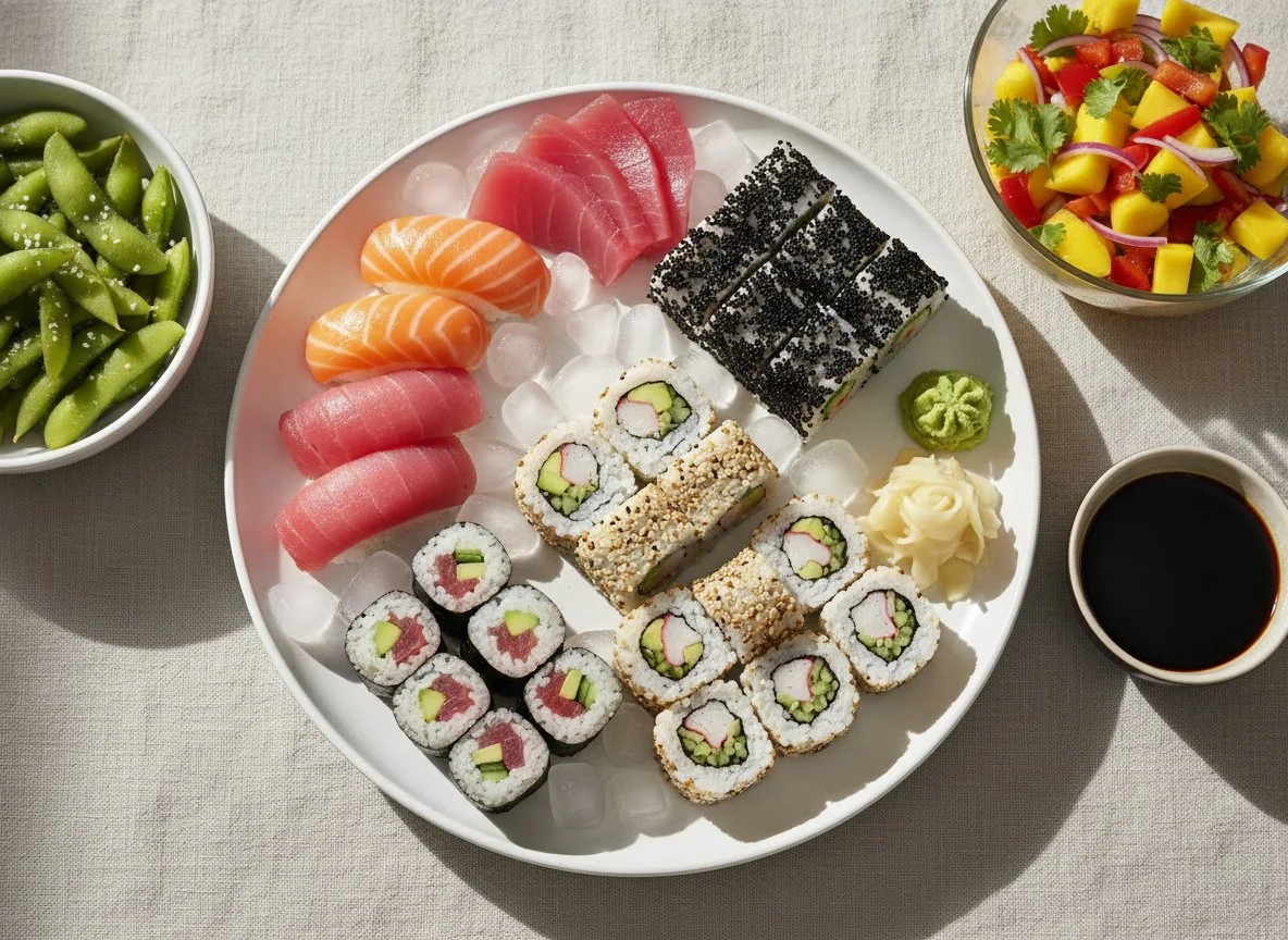 Sushi-Platte mit Edamame und Mango-Salat photo