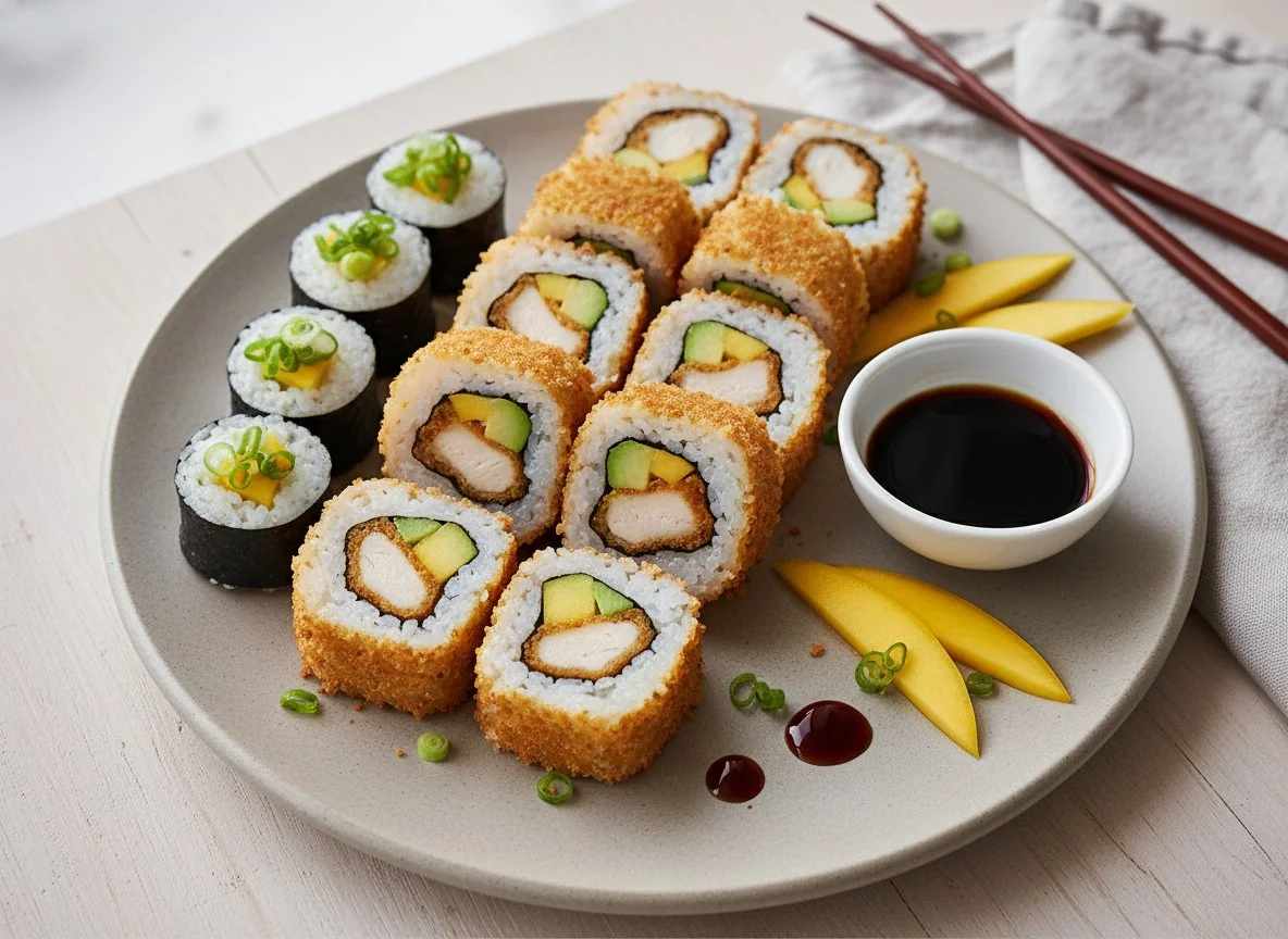 Sushi-Platte mit frittiertem Hähnchen-Sushi photo