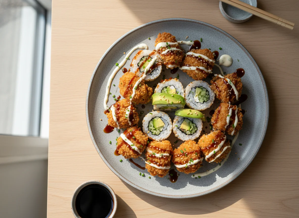 Sushi-Platte mit frittierten Hähnchenstücken photo