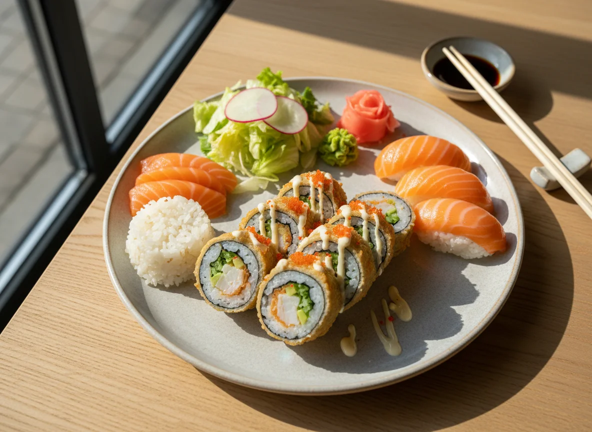 Sushi-Platte mit frittierten Maki und Lachs-Nigiri photo