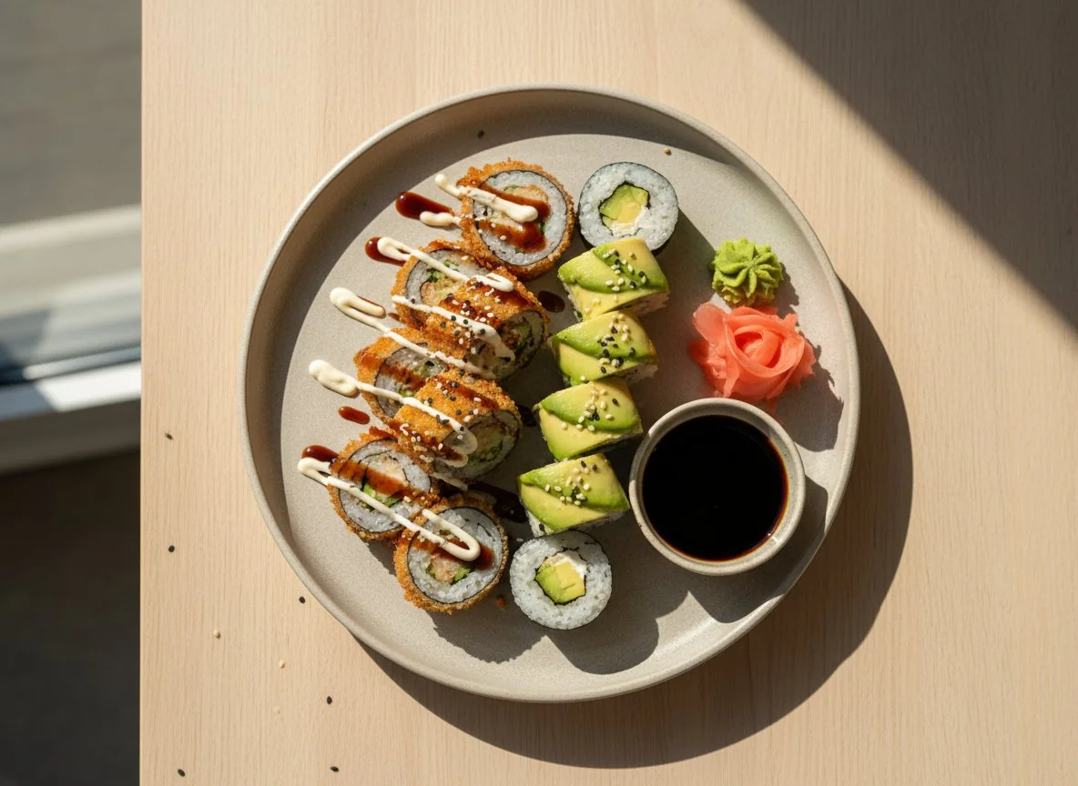 Sushi-Platte mit frittierten und Avocado-Maki photo