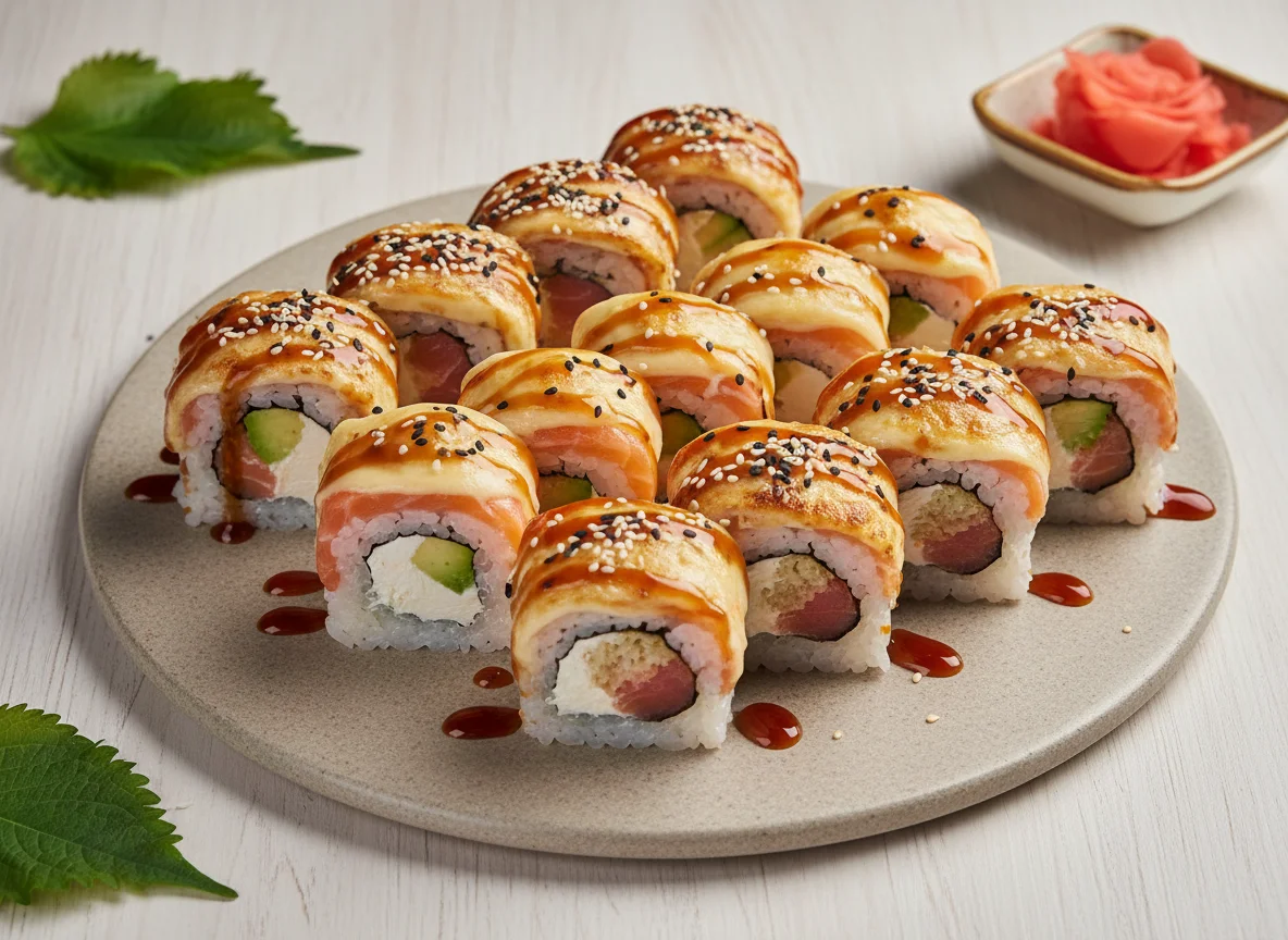 Sushi-Platte mit gebackenen und überbackenen Rolls photo
