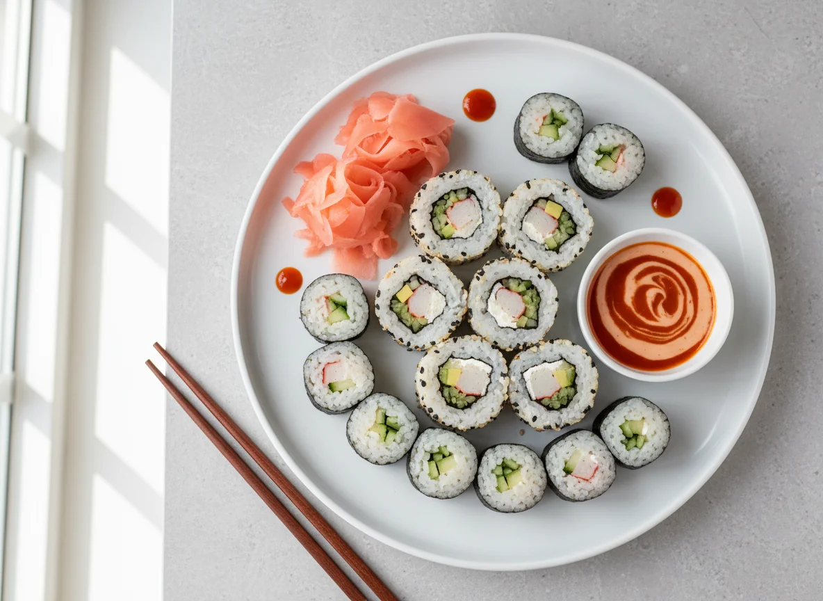 Sushi-Platte mit Ingwer und Chilisauce photo
