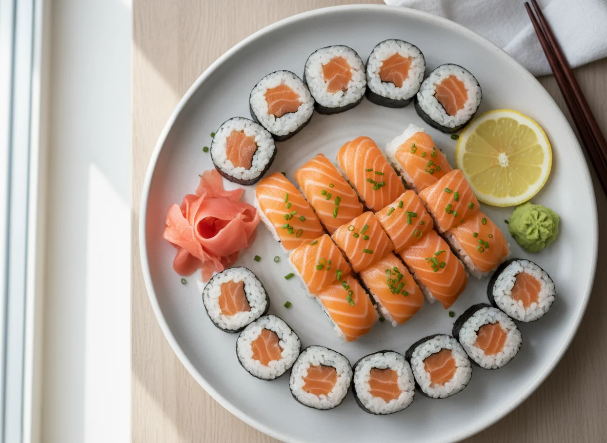 Sushi-Platte mit Lachs Nigiri und Maki photo